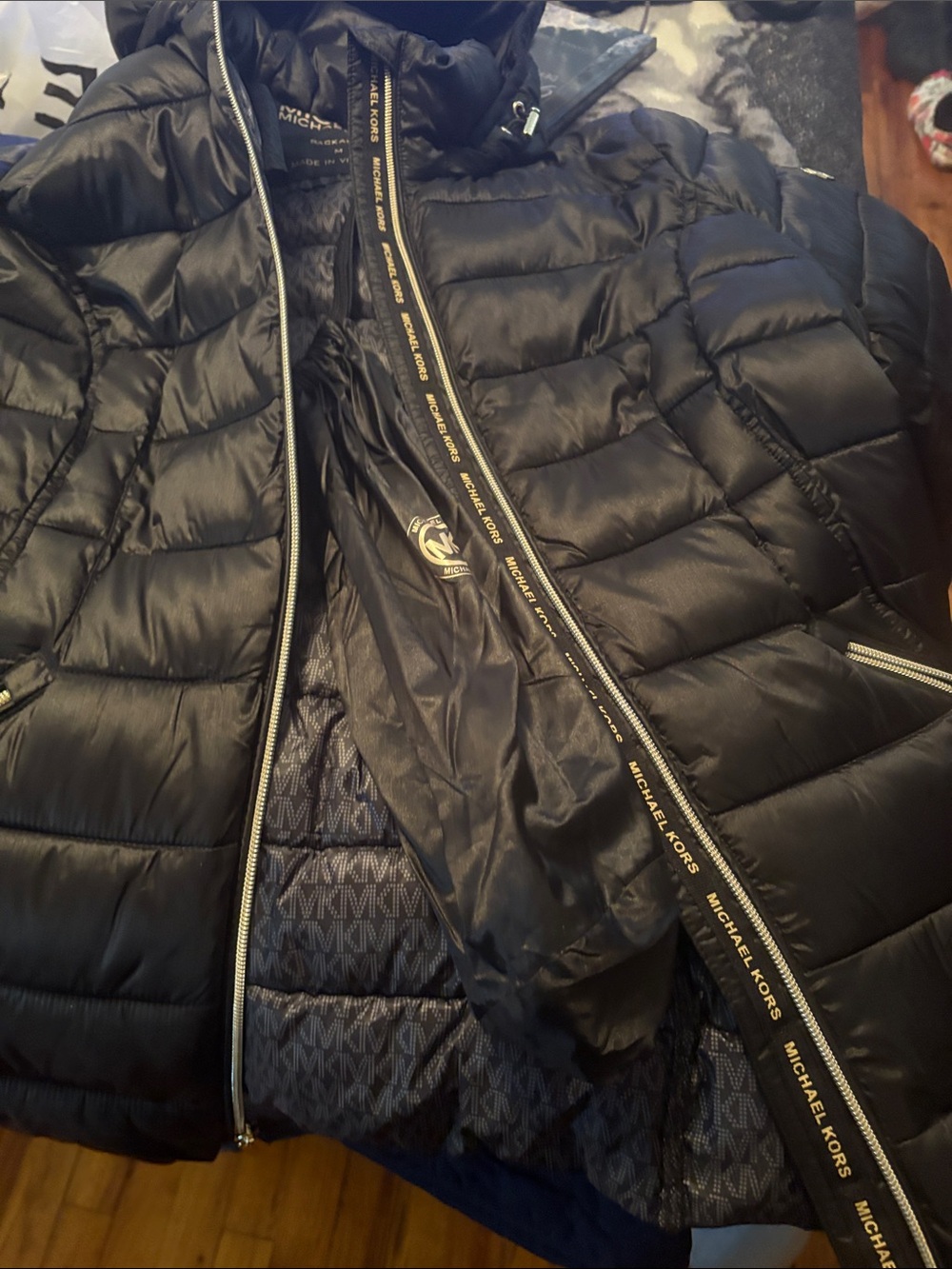 Michael Kors Black Quilted Hooded Jacket with MK Logo Lining